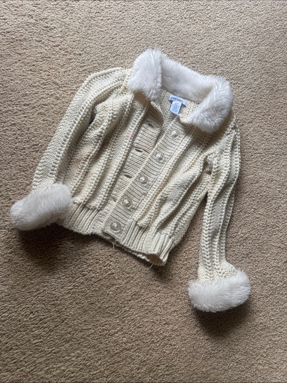 Greendog Faux Fur Trim Cable Knit Cardigan Sweater | Girls 3T